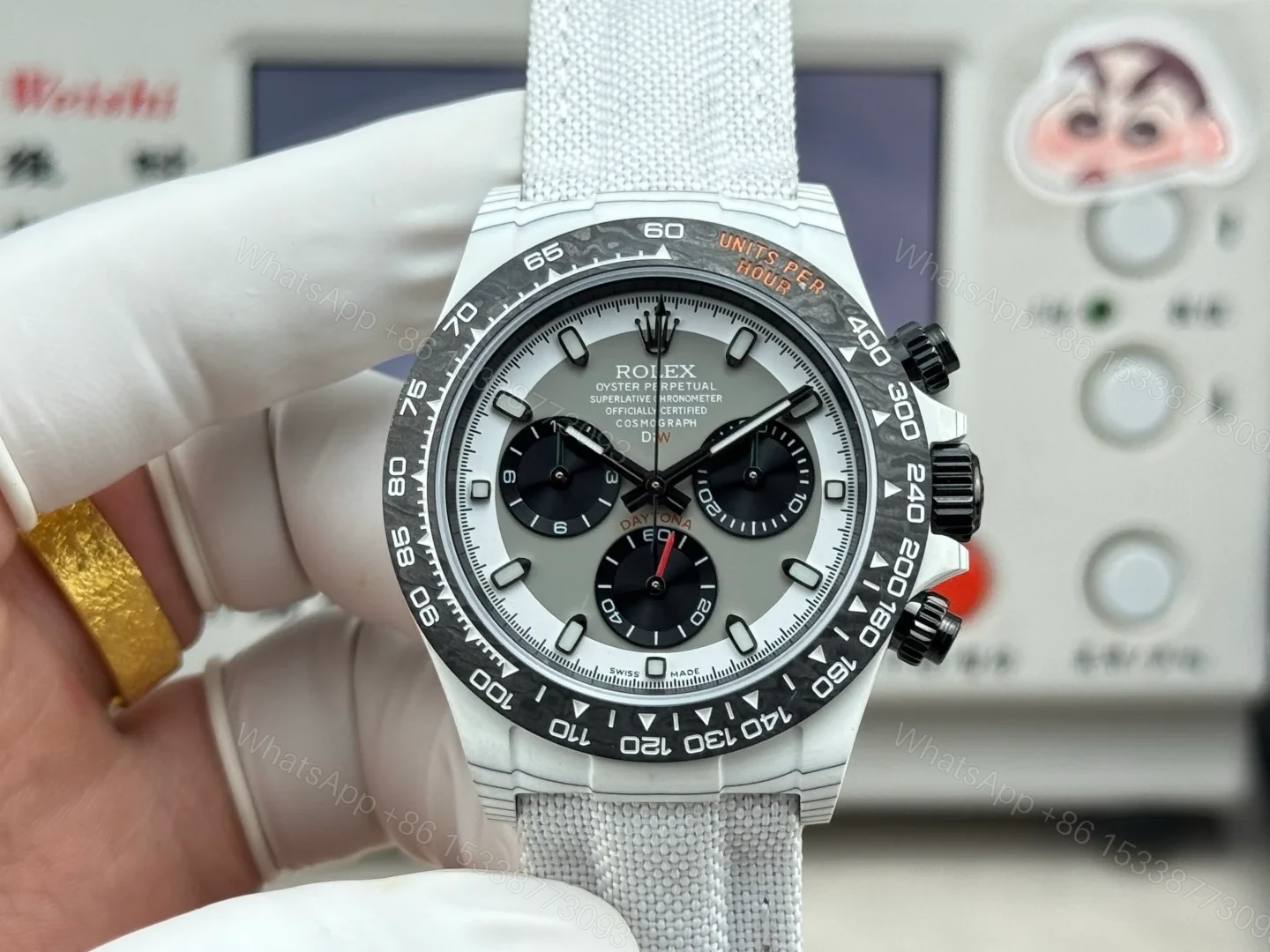 Rolex Daytona Carbon Fiber Panda White Strap Replica 40MM Premium Black Bezel EditionRG-ROLEX-DAYTONA-R74-WHITE-STRAP — view 1
