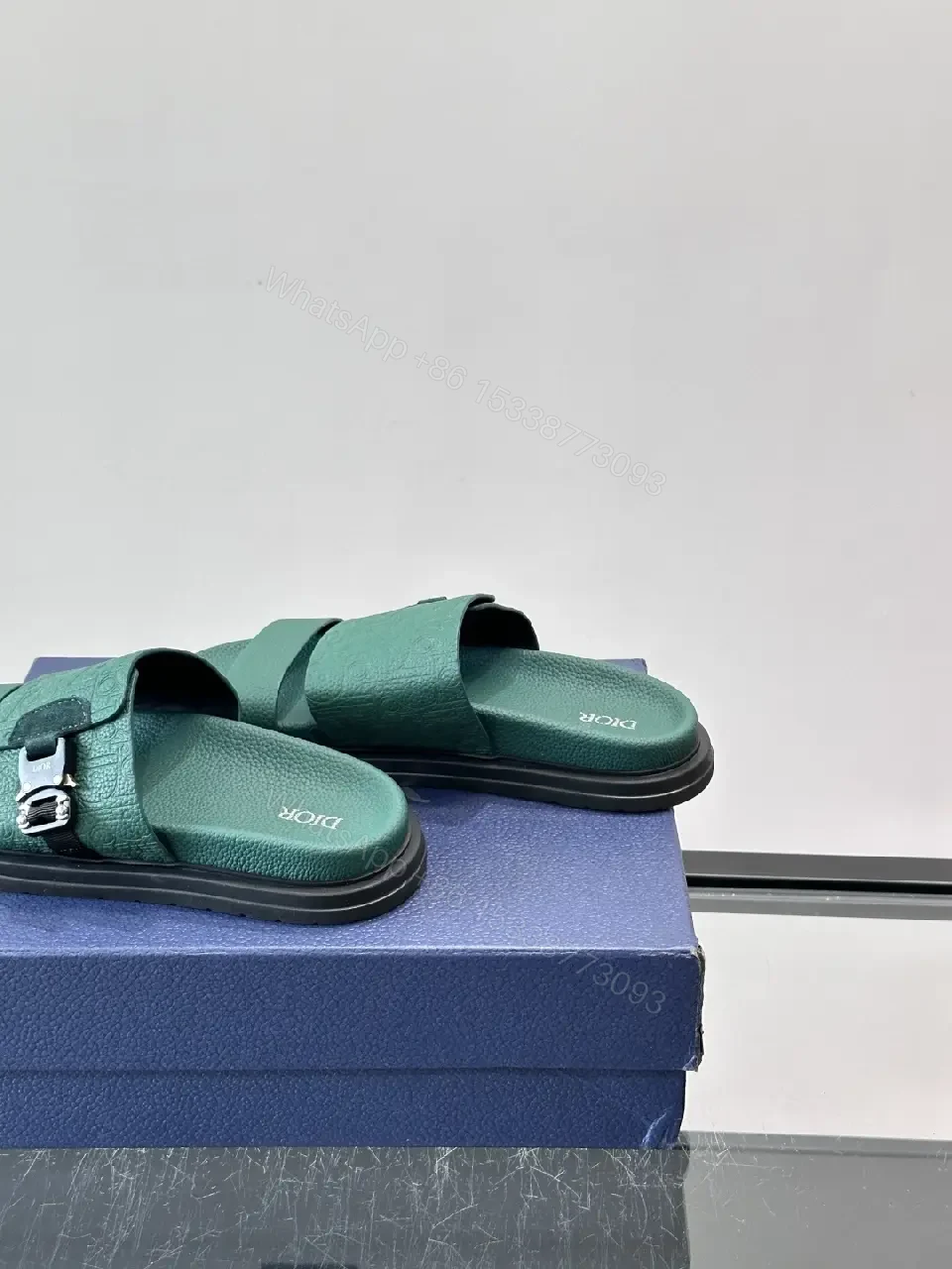 View 5 of Green Leather Slide Sandals Minimalist Style with Buckle Feature Sandals