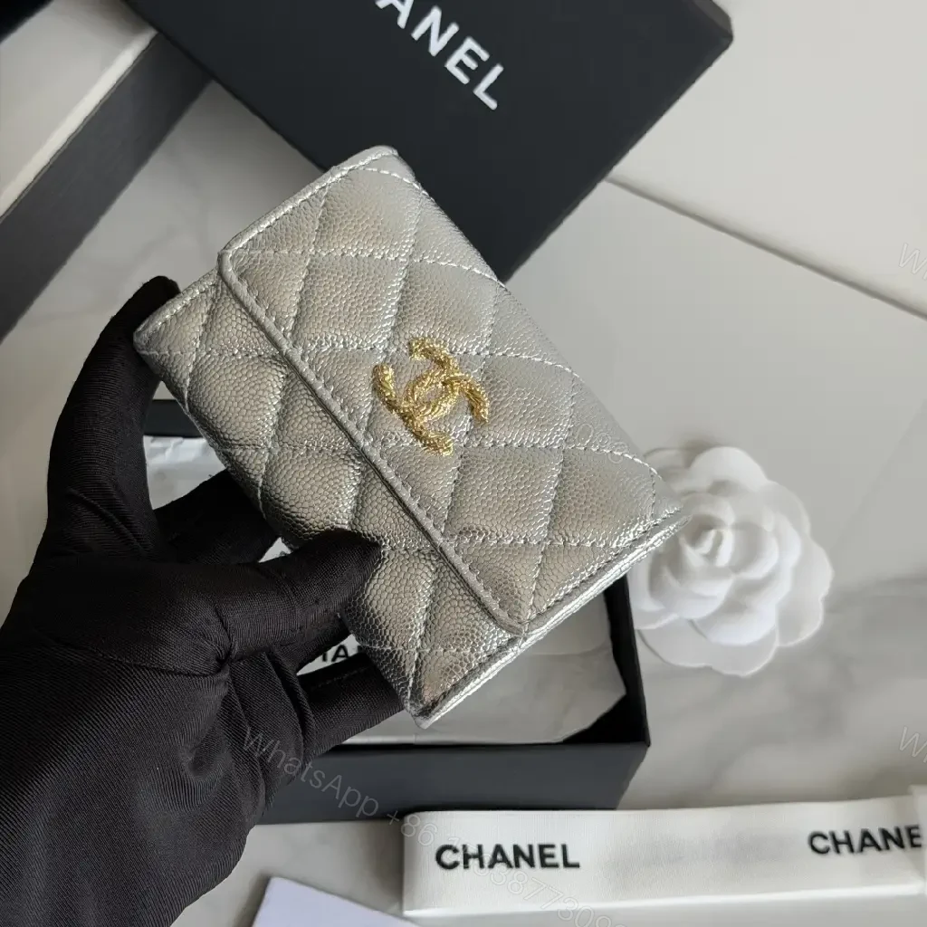 View 4 of Metallic Silver Leather Quilted Flap Wallet, Compact Bi-fold with Gold CC Logo