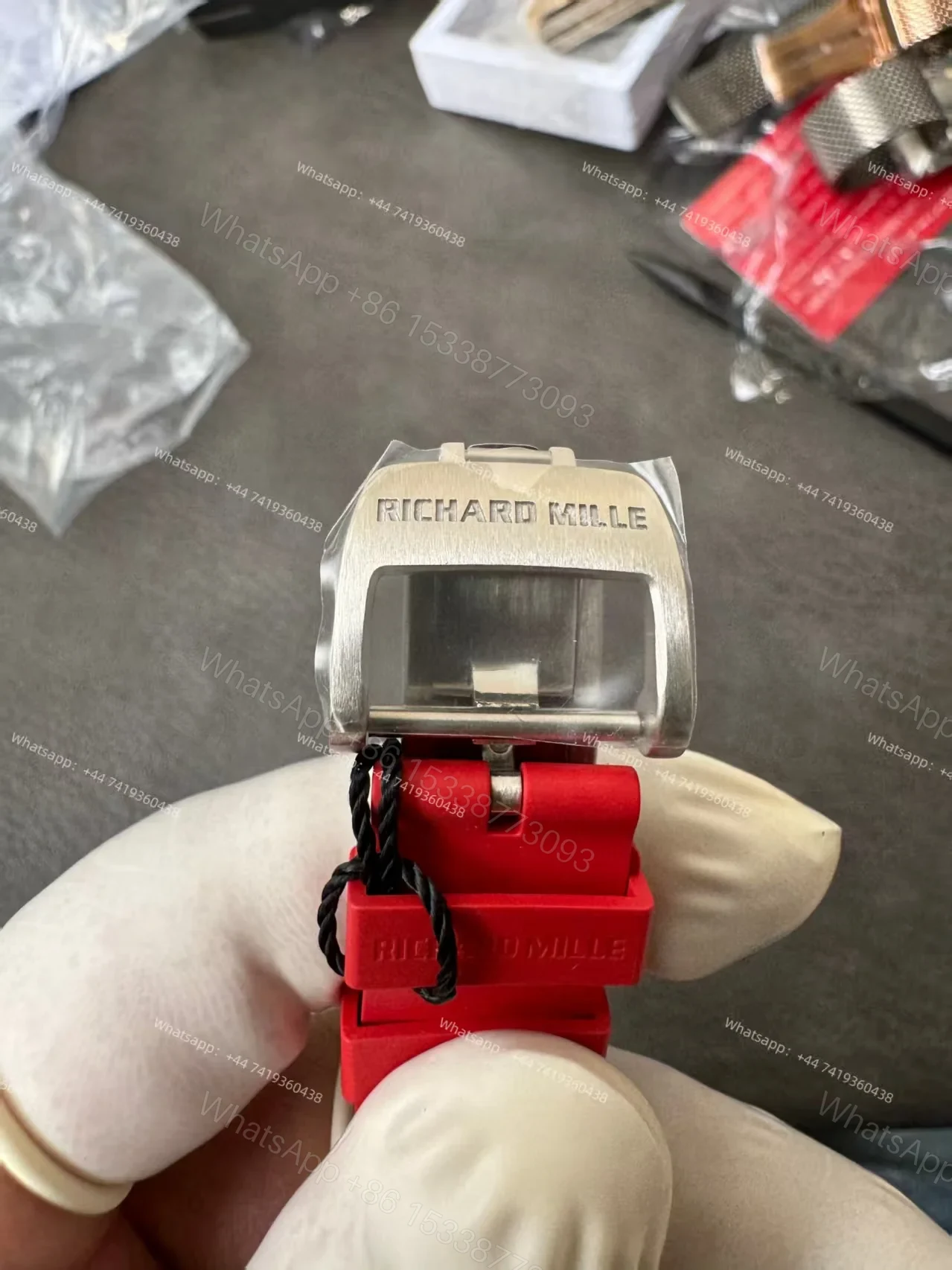 View 12 of Super Clone Richard Mille RM 07 Full Diamond 1:1 Replica Watch with Red Rubber Strap