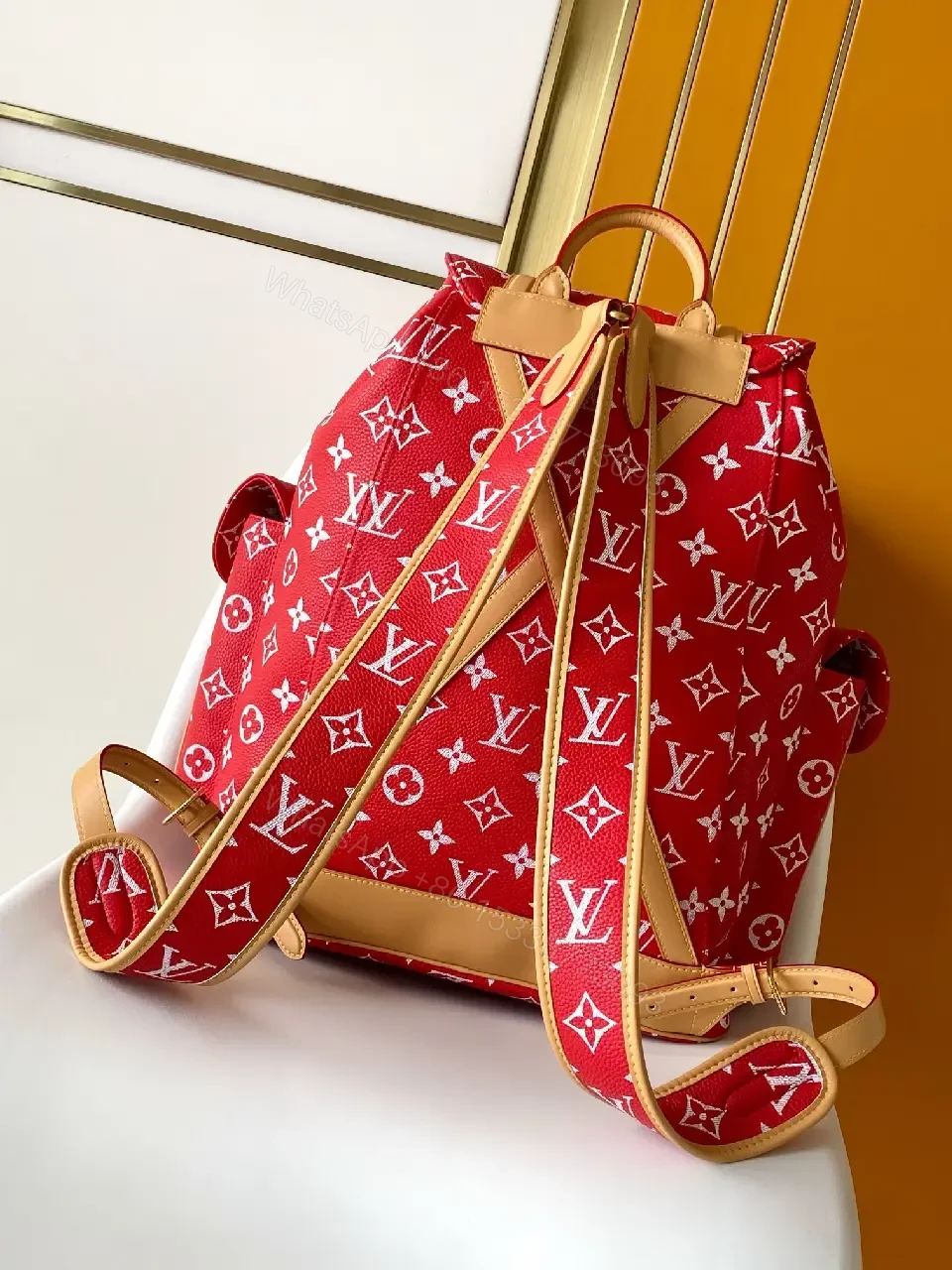 View 10 of Red Knit Luxury Backpack: Monogram Gold Hardware Backpack