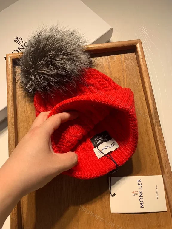 View 7 of Bold Red Cable-Knit Beanie with Pom-Pom, Moncler Style