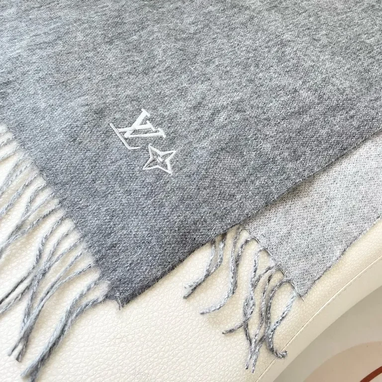 View 5 of Soft Luxury Scarf - Knit, Fringe, LV-Influenced Emblem - 5 Colors - 60s Luxe