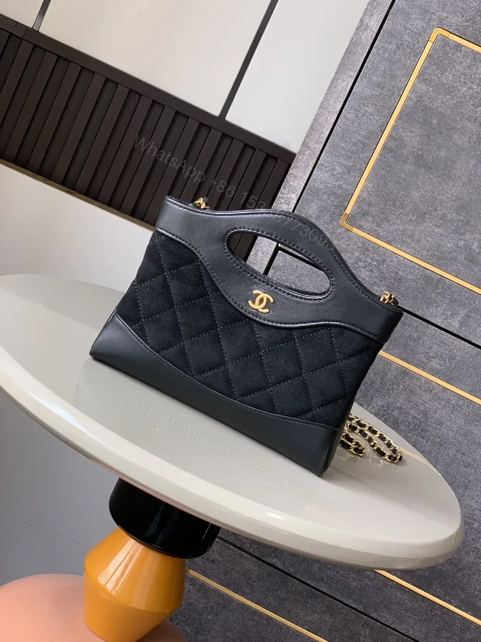 Quilted Faux-Leather Handbag with Gold Hardware, Structured Style — view 1