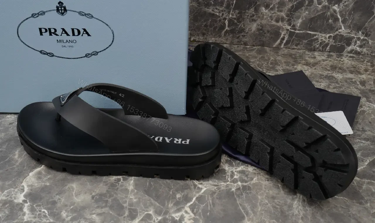 View 3 of Black Leather Flip-Flops Modern Minimalist Prada Slip-On Style Beach Footwear