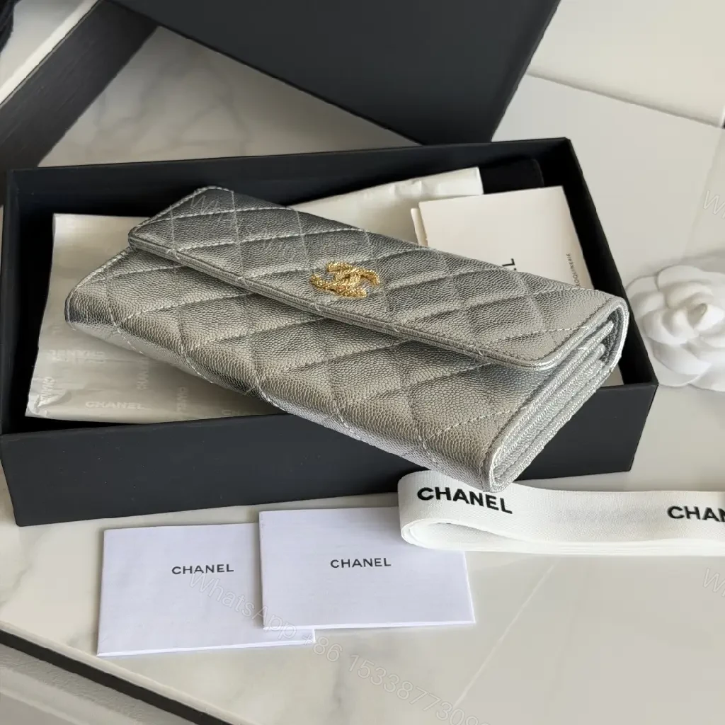 View 4 of Silver Metal Leather Quilted Wallet with CC Flap Closure