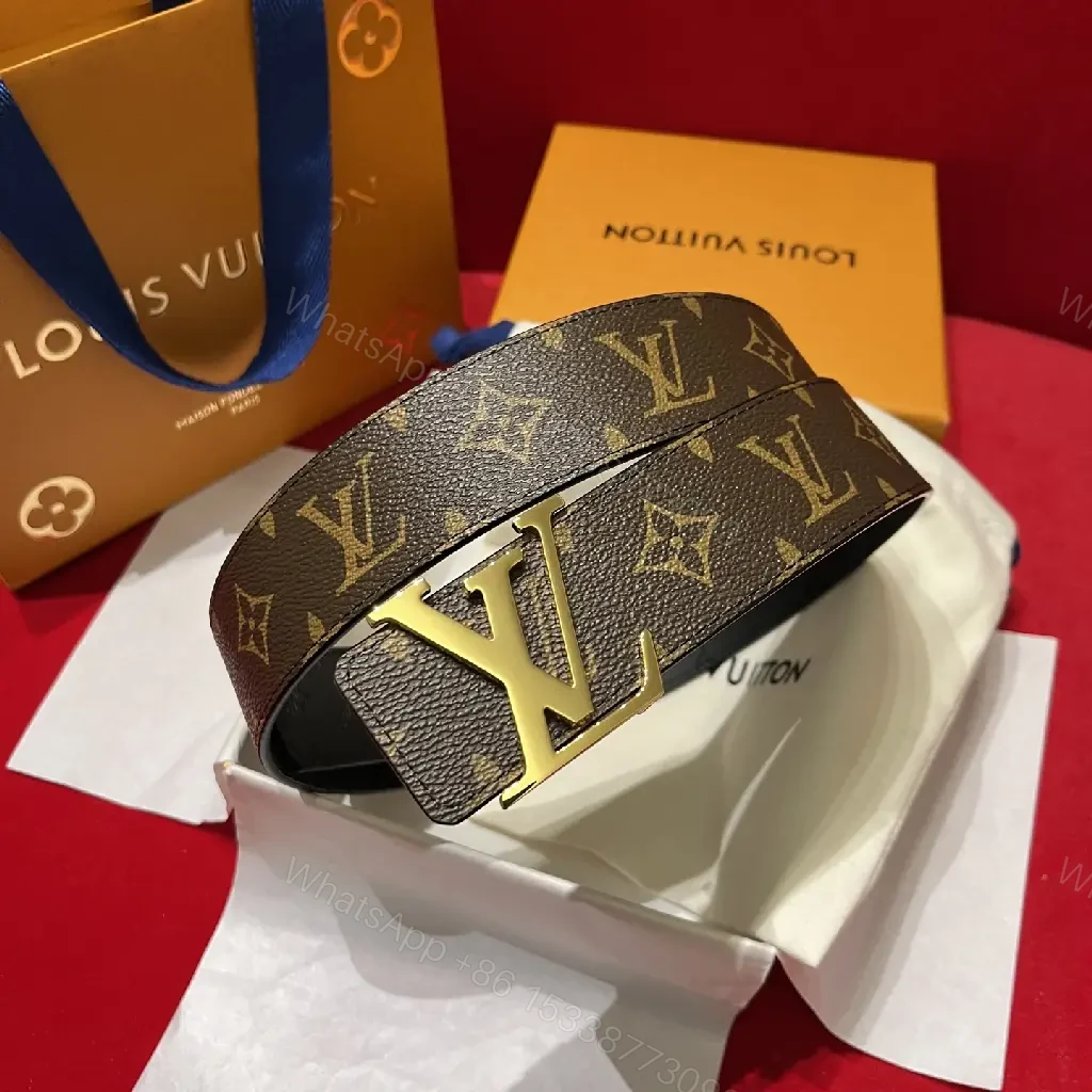 View 6 of Brown & Black LV Monogram Belt with Metal Logo Buckle