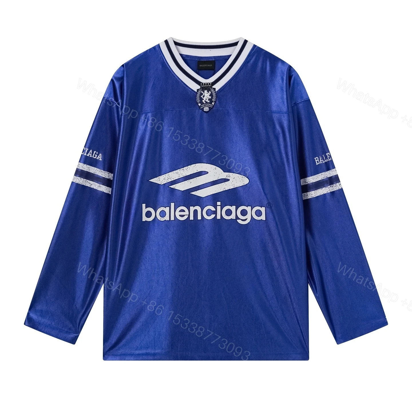 View 2 of Balenciaga Clothes 3B Silhouette Ribbed V-Neck Printed Long-Sleeve T-Shirt Black/Blue/Gray