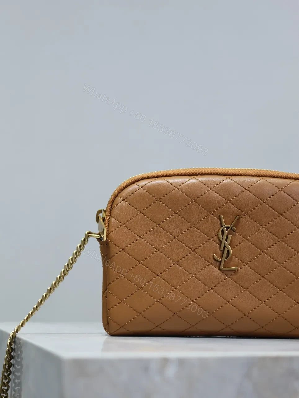 View 7 of Compact Tan Quilted Bag: Crossbody, Gold Hardware, Luxe Style