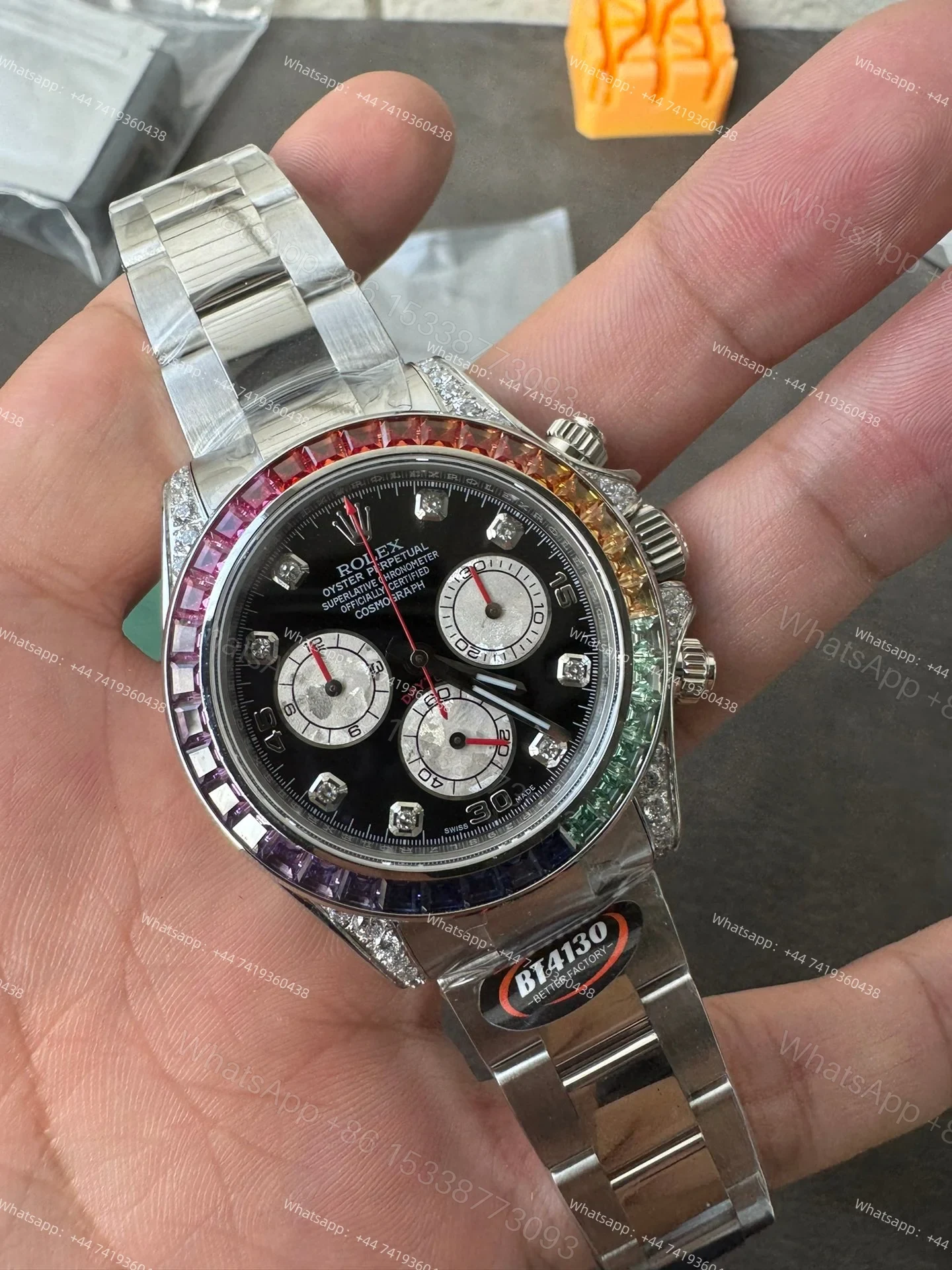 View 7 of Rolex Daytona 116599RBOW Rainbow Bezel 1:1 Replica – Black Diamond Dial Super Clone 4130