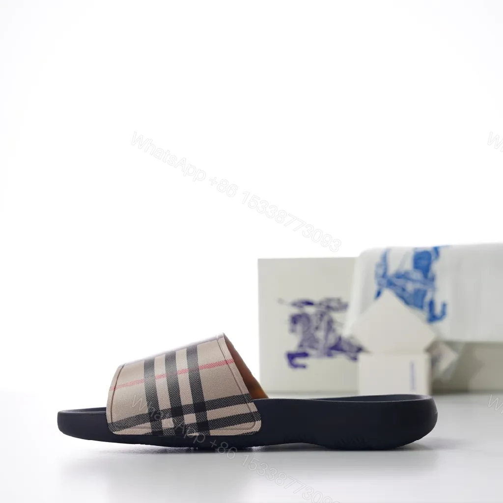 View 3 of Beige Checkered Slide: Contoured Comfort