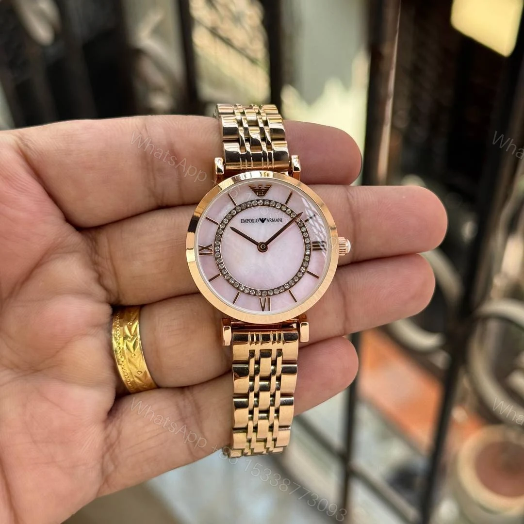 First Copy Emporio Armani Rose Gold White Dial Diamond Bezel Women’s Analog Watch — view 1
