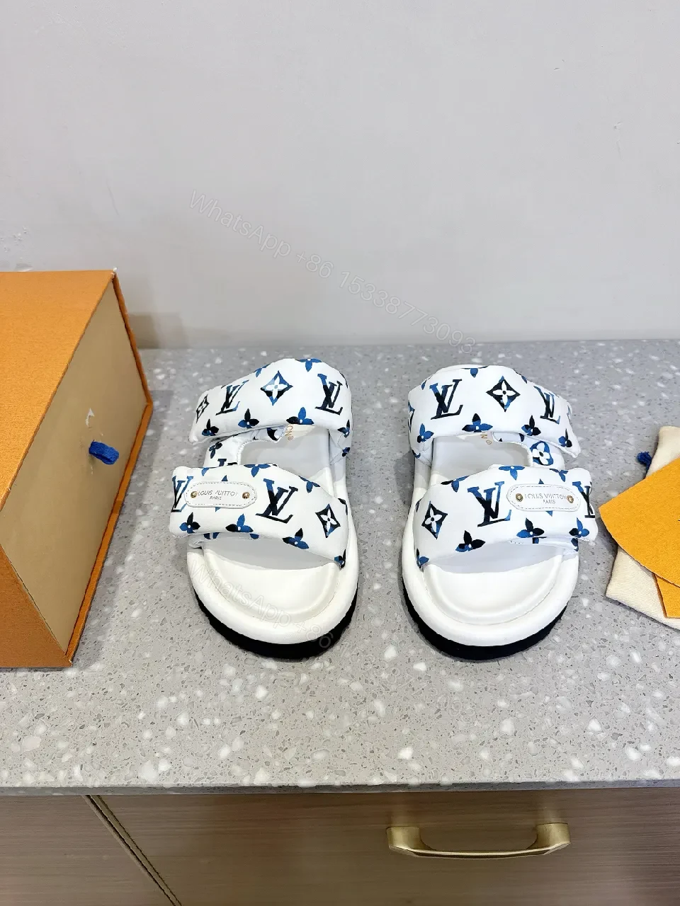View 7 of White & Navy Designer-Inspired Slides: Bold Comfort, Monogram Style