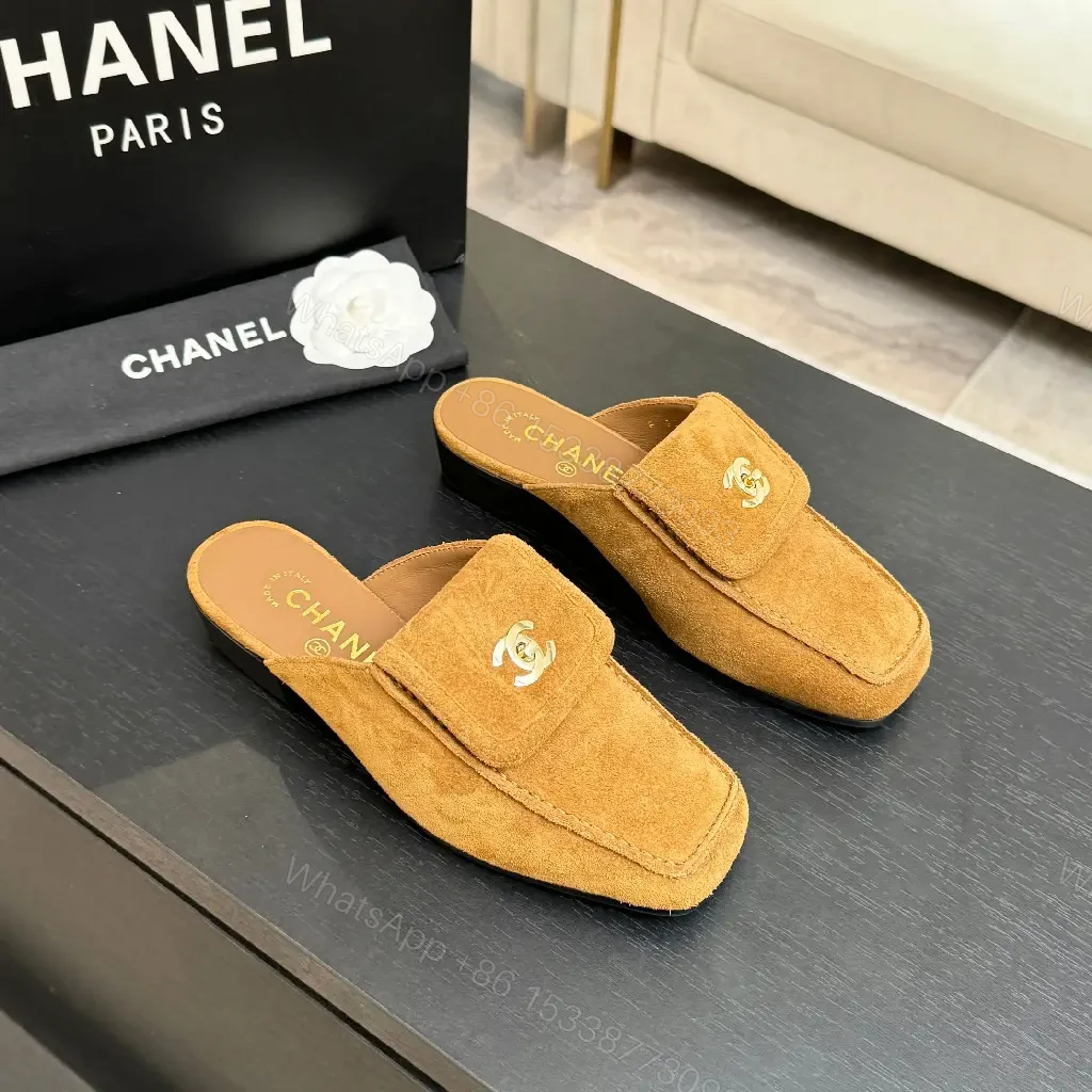 View 9 of Beige Suede Slip-On Mules with Chanel Logo Embellishment