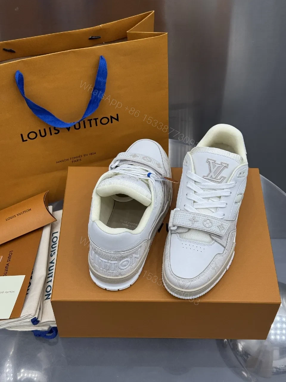 View 7 of White Leather-Texture High-Top Sneakers with Velcro