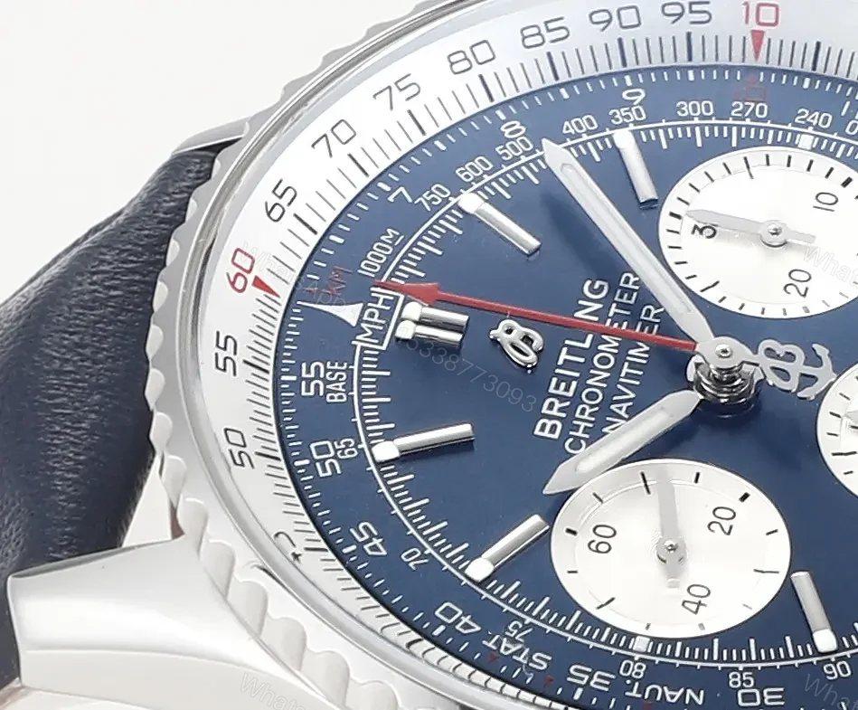 View 5 of KOR Factory Breitling Navitimer 1 B01 Chronograph – Blue Dial, Stainless Steel Case, Leather Strap