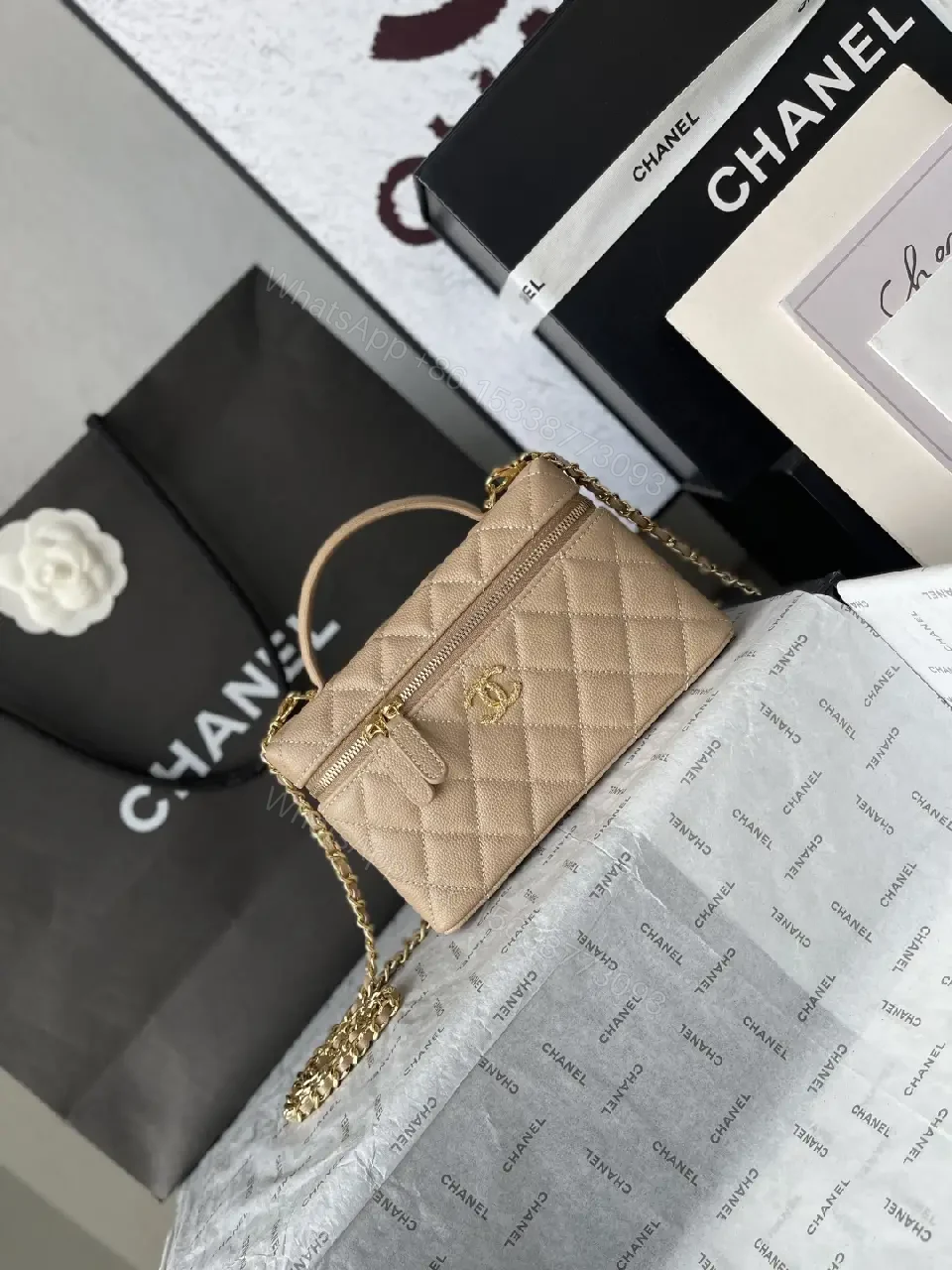View 8 of Taupe Quilted Crossbody: Lambskin, Gold Chain, Classic Glamour