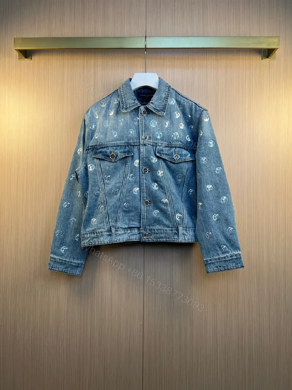 View 3 of Blue denim jacket with monogram print for everyday luxury casualwear