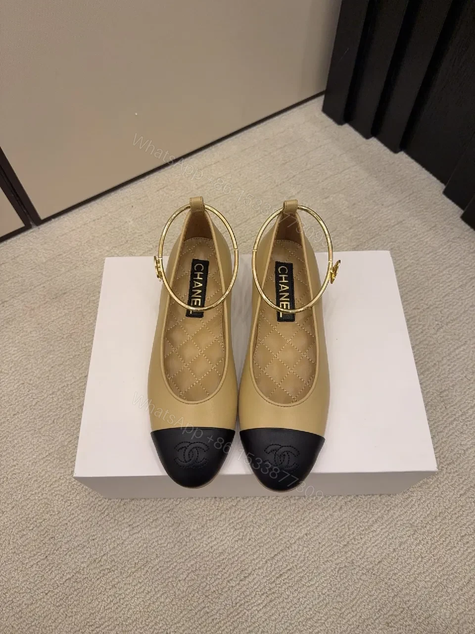 View 3 of Two-Tone Ballet Flats with Gold Ankle Strap - Luxe Comfort Flat