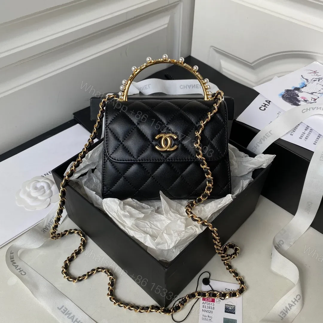 Chanel Woc Pearl Handle Plated Handbags Black Leather With Lock Gold 11.5×14.5×5.5cm — view 1