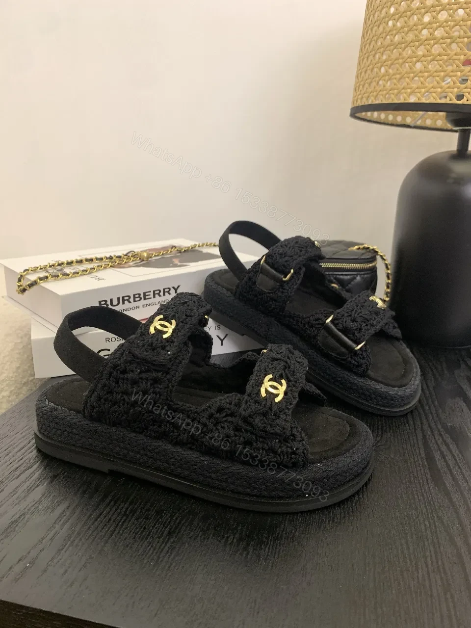 View 3 of Crochet-Detail Sandals with Gold Hardware, Luxury Comfort