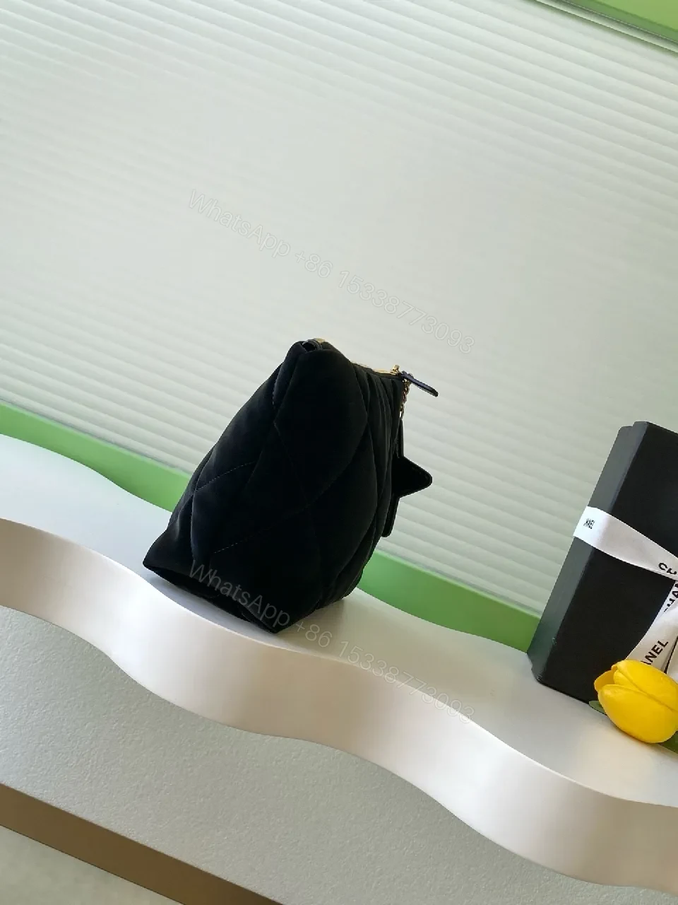 View 5 of Quilted Velvet Black Handbag with Gold Accent