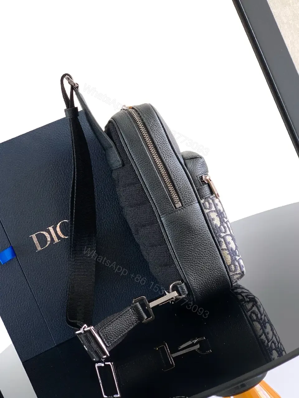 View 9 of Compact Leather Crossbody: Monogram Textured Black Bag