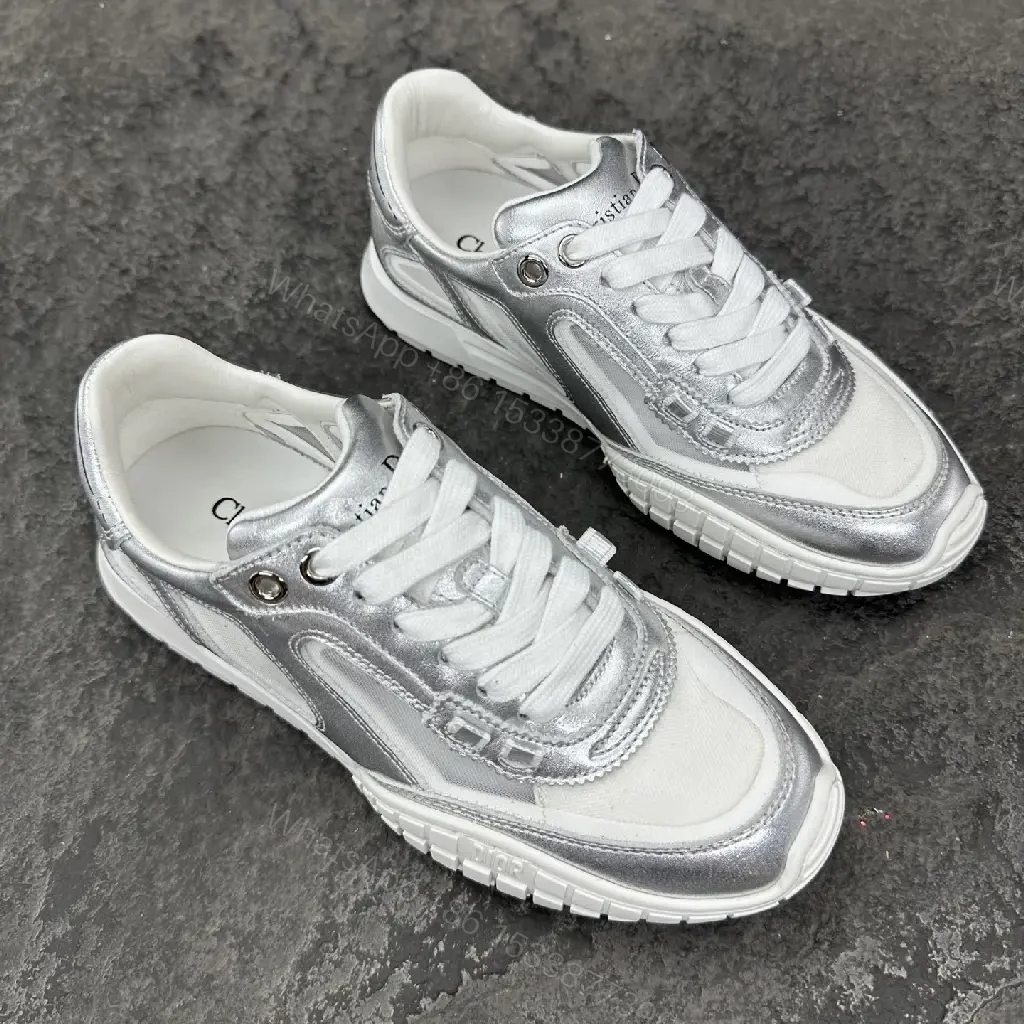 View 5 of Silver Metallic Leather Trainers with Mesh Panels, Chunky Sole, Dior-Style Motif Sneaker