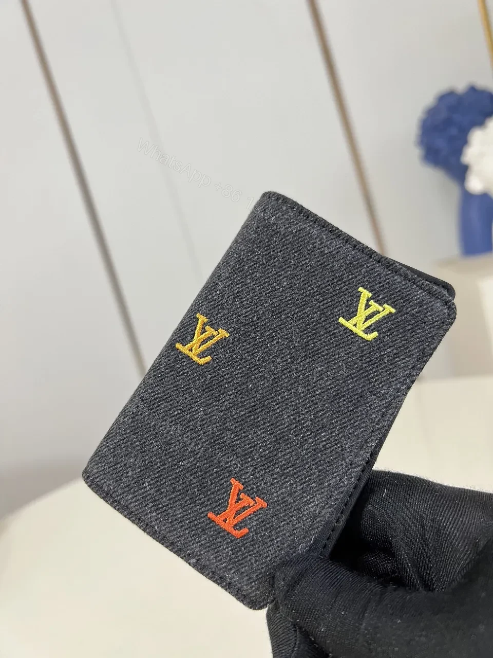 View 6 of Denim Compact Wallet: Embroidered LV-Inspired Accent