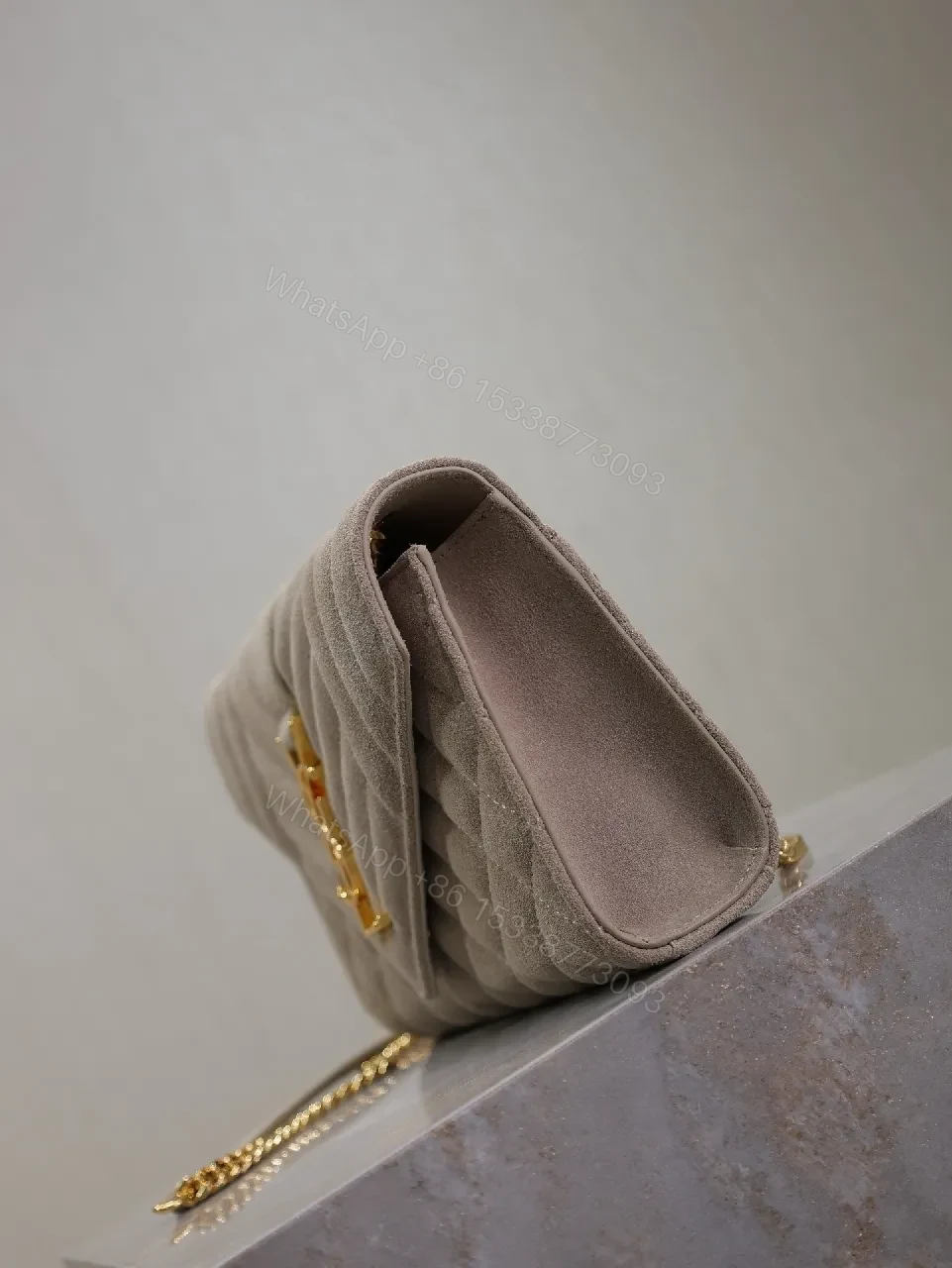 View 3 of Taupe Velvet Quilted Clutch with Gold Accent