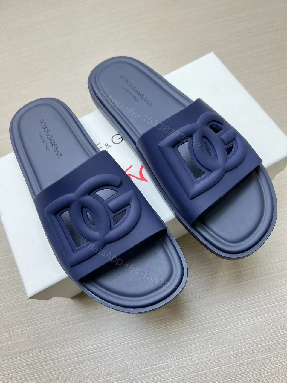 View 2 of Navy Slide Sandal: Premium Leather-Trim, Cushioned Comfort