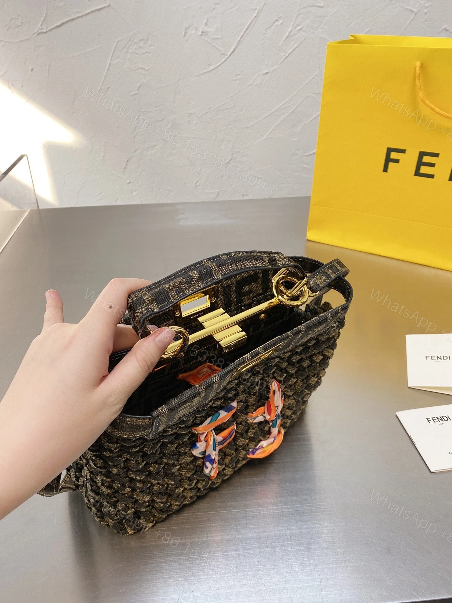 View 2 of Fendi Peekaboo Iconic Mini Jacquard Fabric Interlace Bag