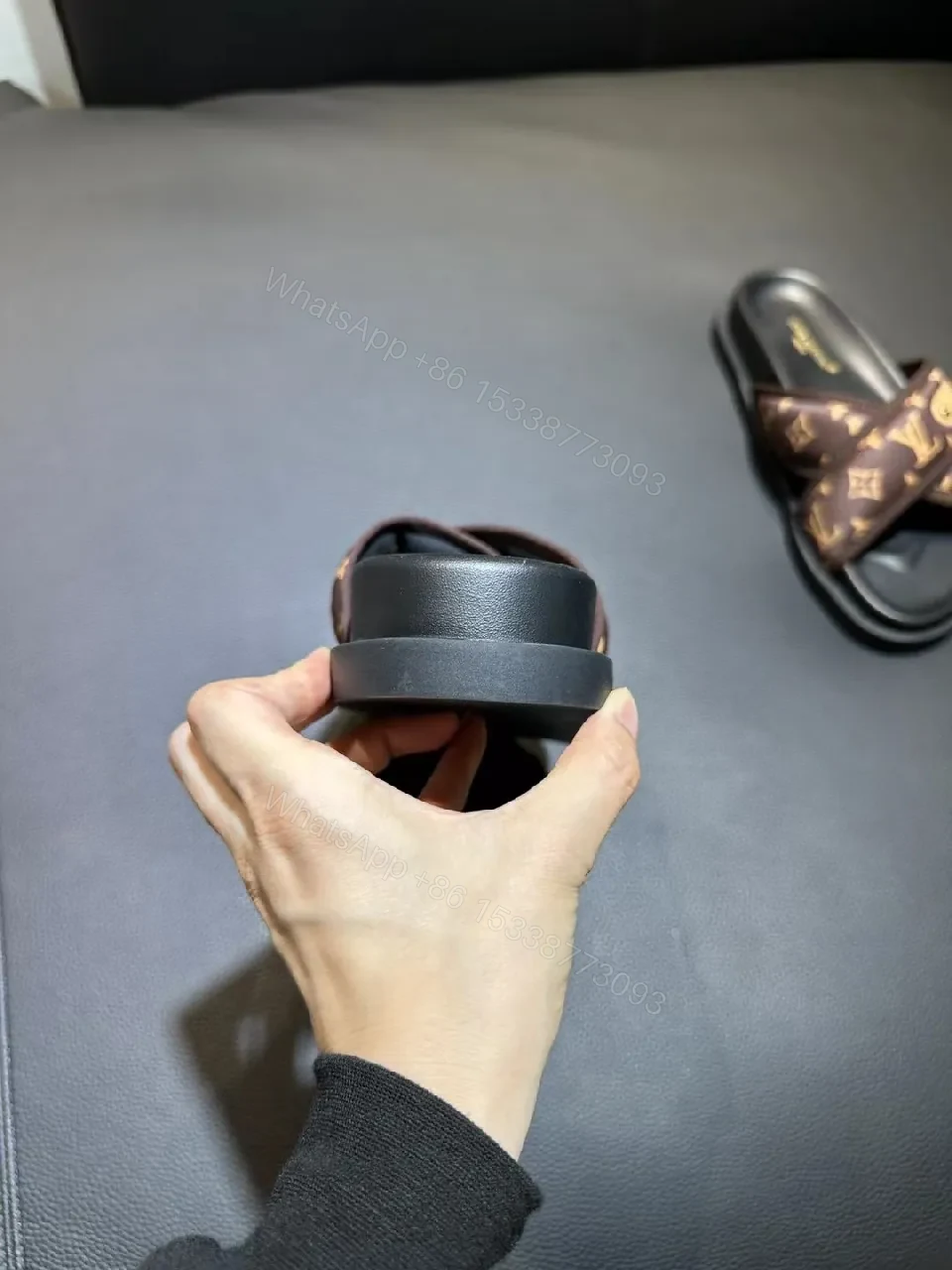 View 2 of Brown LV-Inspired Cross-Strap Slides, Premium Comfort