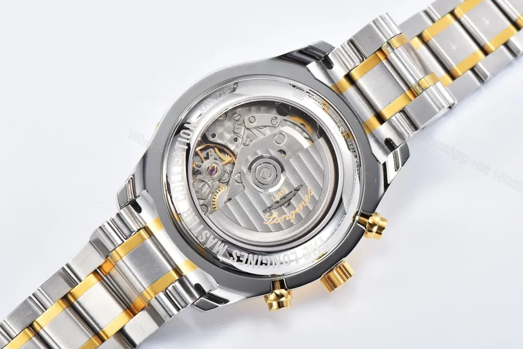 View 9 of Longines Master Collection Moonphase Chronograph Watch Silver Dial Two Tone Stainless Steel Bracelet Classic Elegant Style
