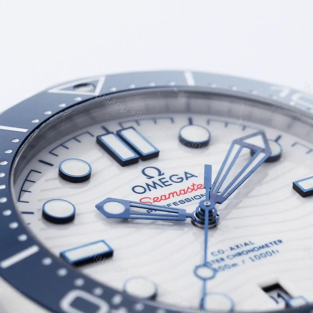 View 4 of Omega Seamaster 300M Replica Watch White Dial Blue Bezel 42mm Stainless Steel Case and Bracelet Custom 8800 Movement