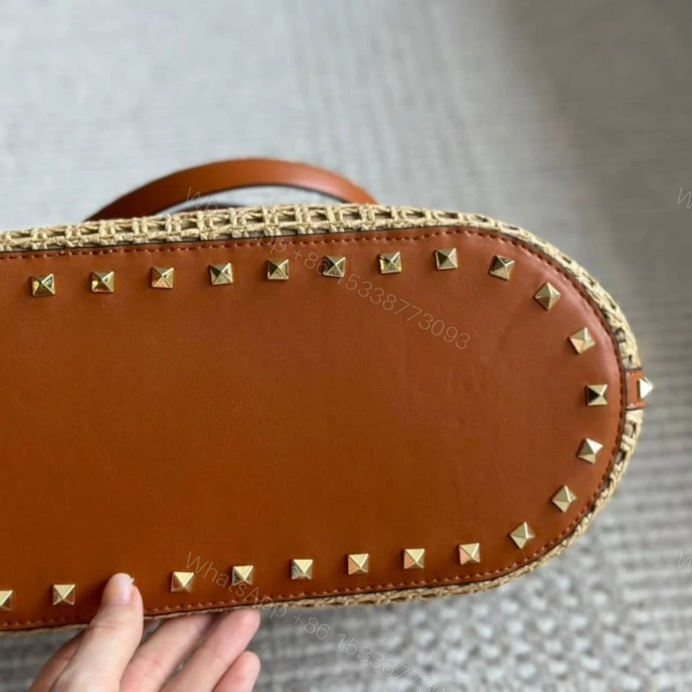 View 6 of Valentino Garavani Rockstud Raffia Tote Bag Brown 31cm