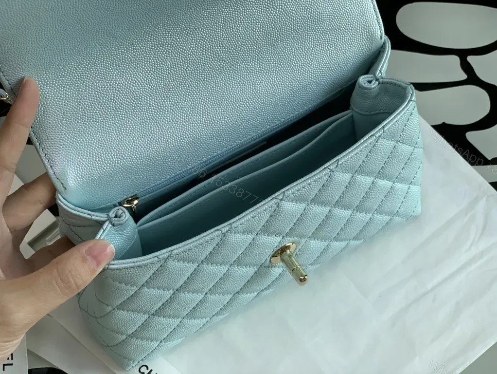 View 7 of Pastel Blue Quilted Bag with Gold CC Accents - Luxe Compact Purse