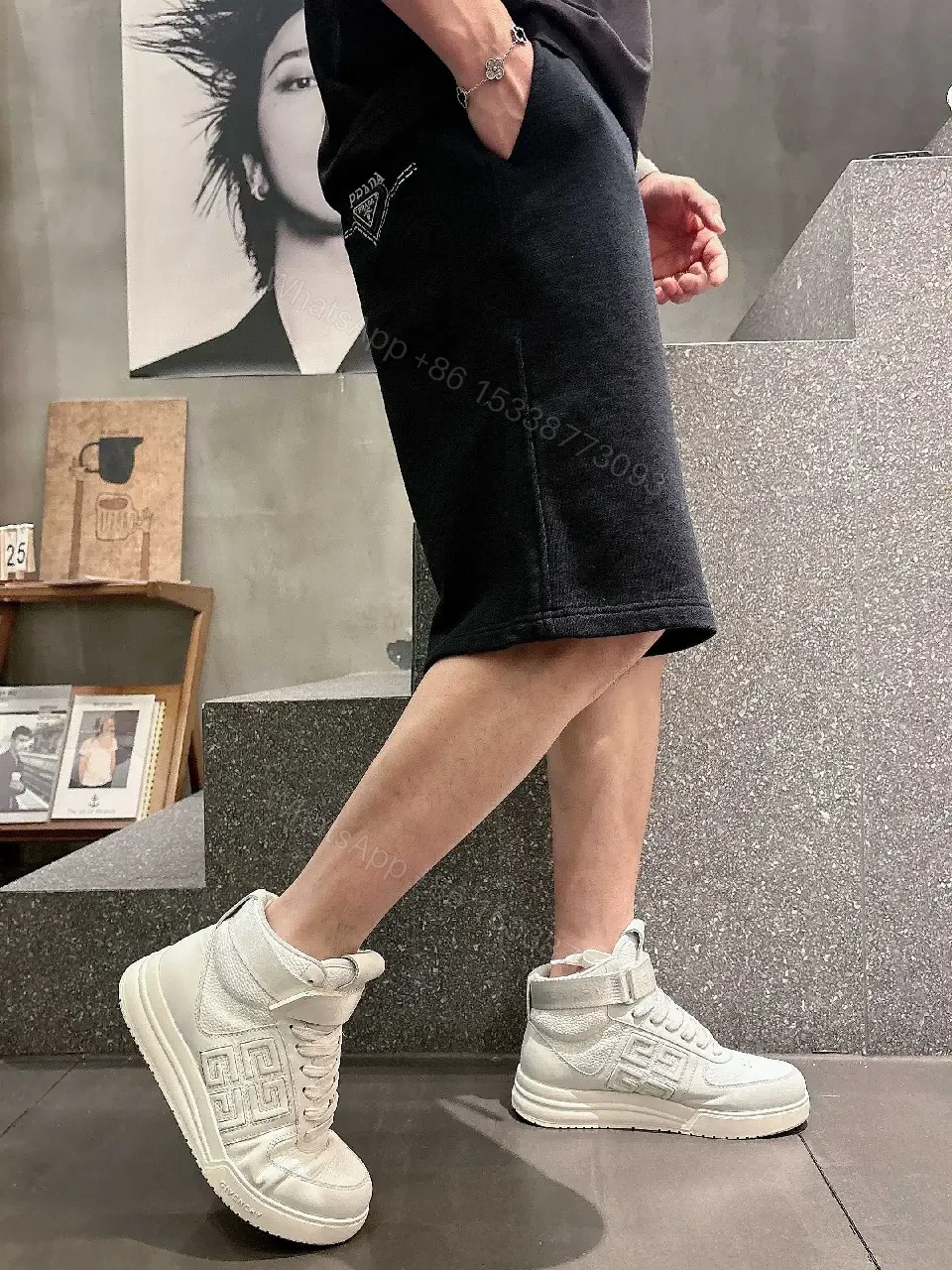 View 4 of Black Cotton Shorts Prada Logo Casual Style with Drawstring