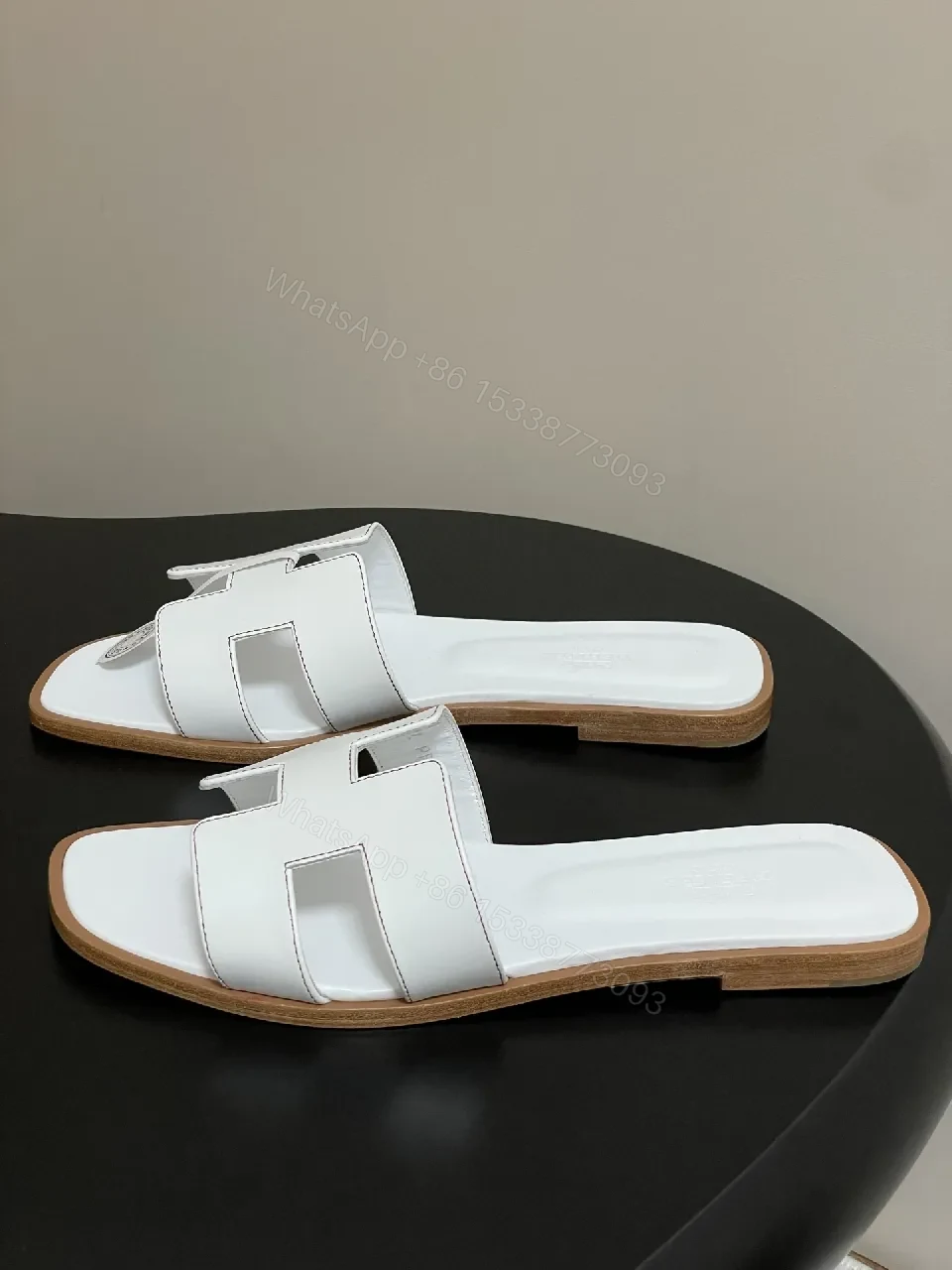 View 3 of White Leather Sandals, H-Cutout, Open-Toe, Comfortable Footbed