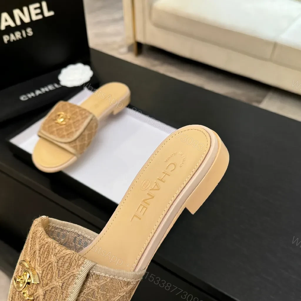 View 8 of Beige Textured Slides with Gold Logo Luxury Comfort