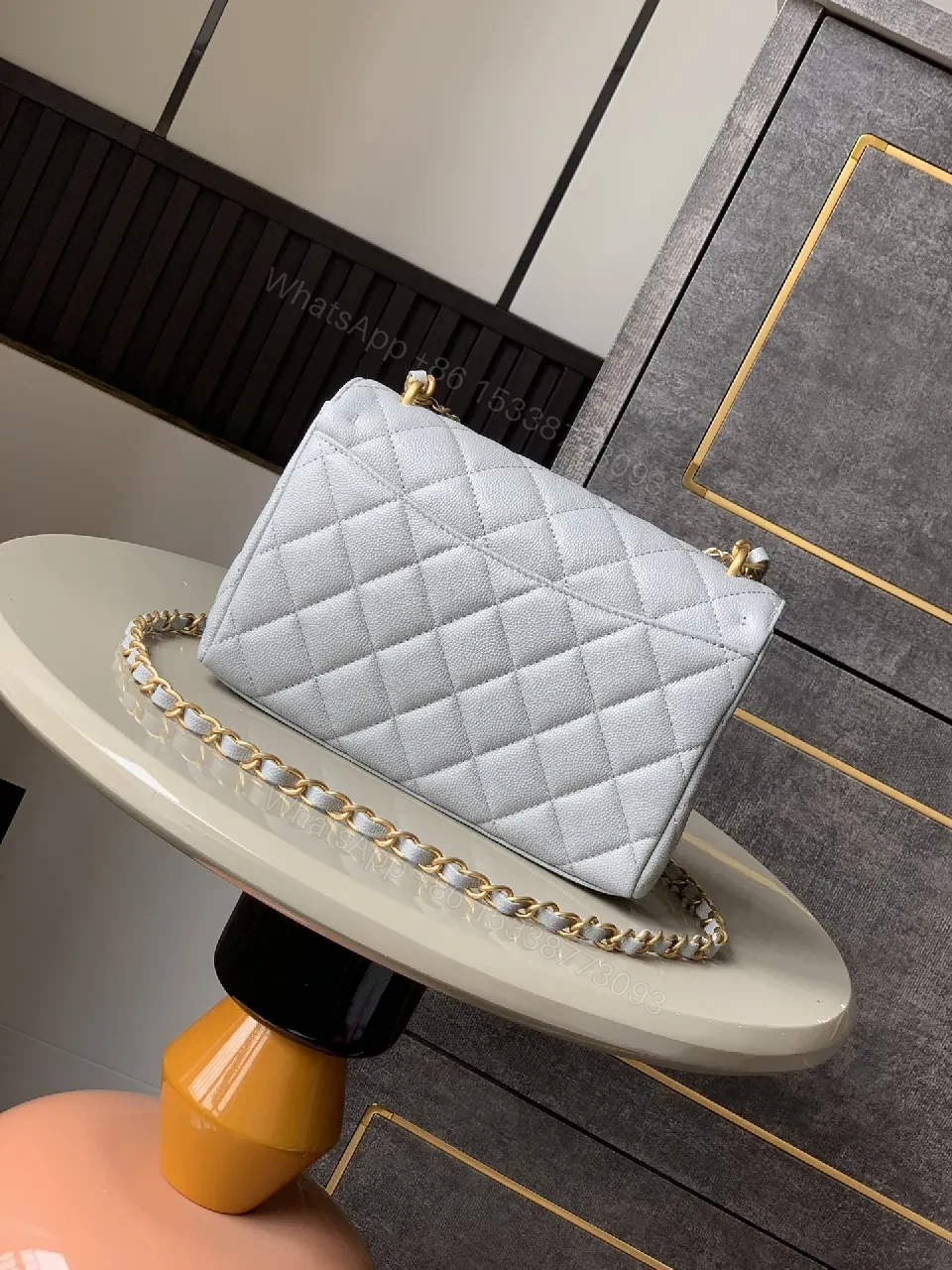 View 6 of Gray Quilted Classic Bag with Gold Chain, Structured Silhouette
