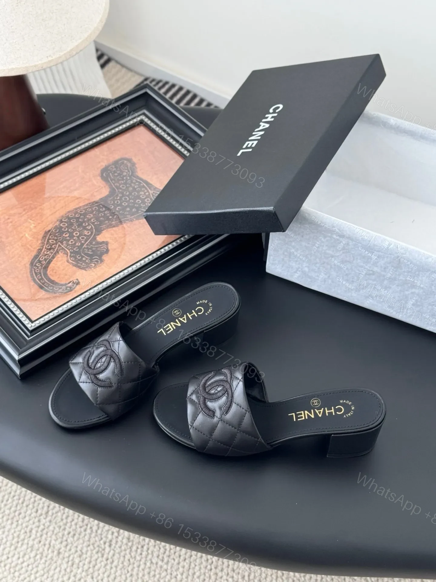 View 2 of Chanel Women Black Quilted Leather Slides