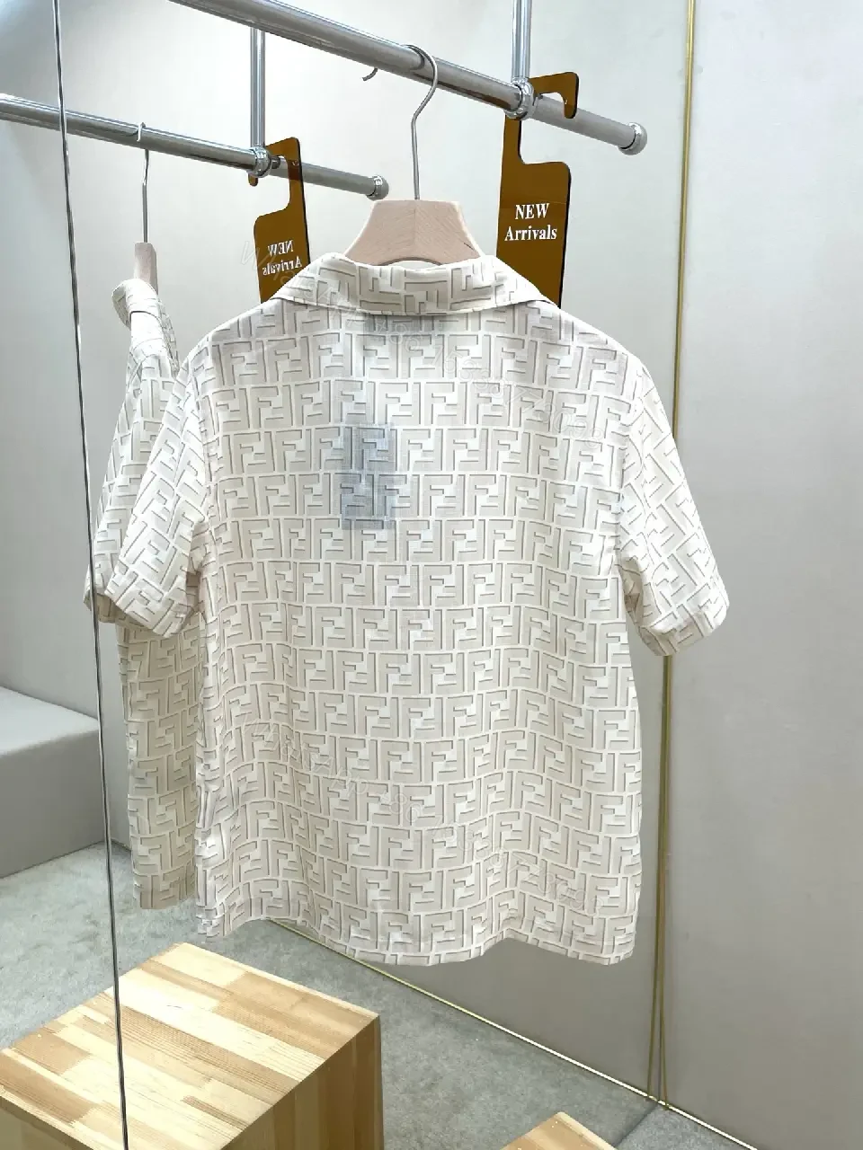 View 7 of Off-White/Cream Short-Sleeve Button-Up Shirt, Embossed Logo Pattern