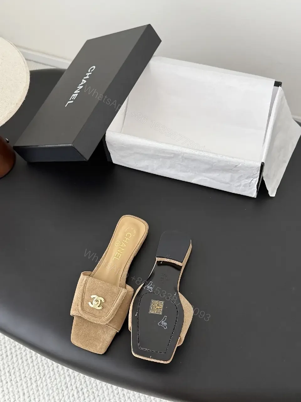 View 2 of Suede Mules with Gold Logo - Chic Luxury, Open-Back Style