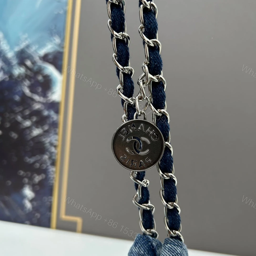 View 8 of Chanel Large 22 Bag Faded Blue Denim Silver Hardware