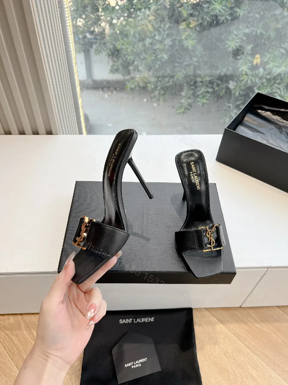 View 9 of Black Satin Mules with YSL Gold Emblem - Luxe Everyday Glam