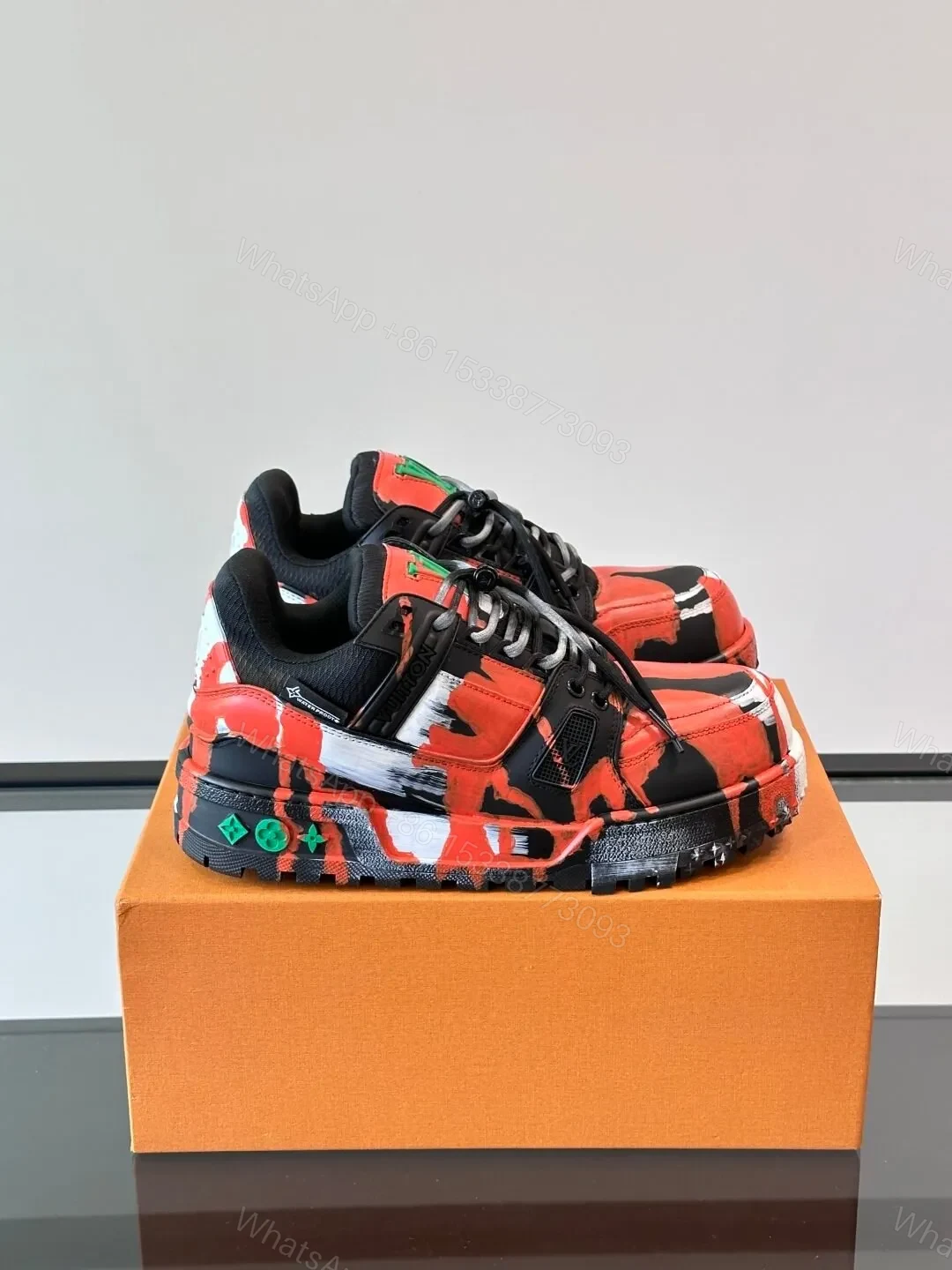 LV Men Red Black Leather Sneakers — view 1