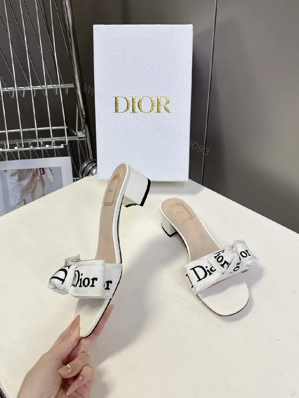 View 10 of White Leather Dior-Style Bow Sandals, Slip-On Heeled Slide