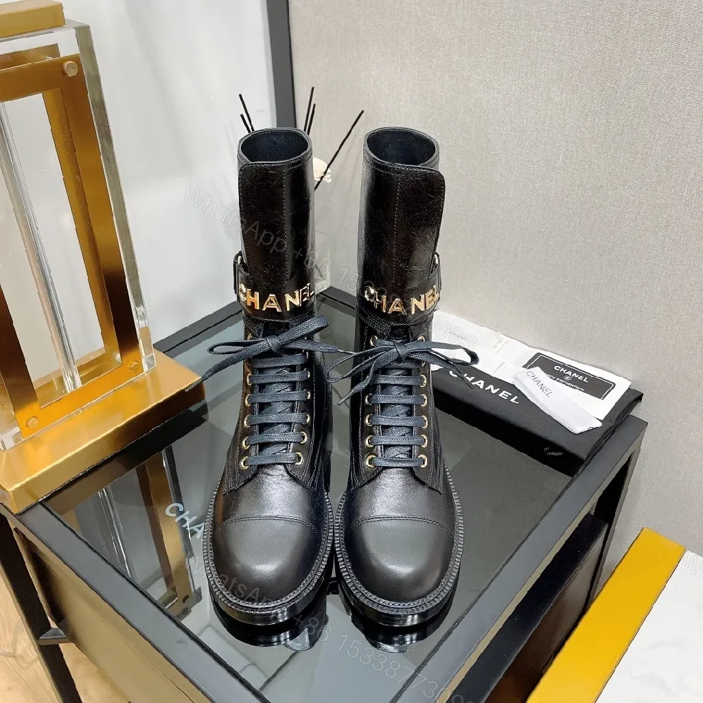 View 7 of Bold Leather Combat Boots with Gold Hardware, Chelsea Style