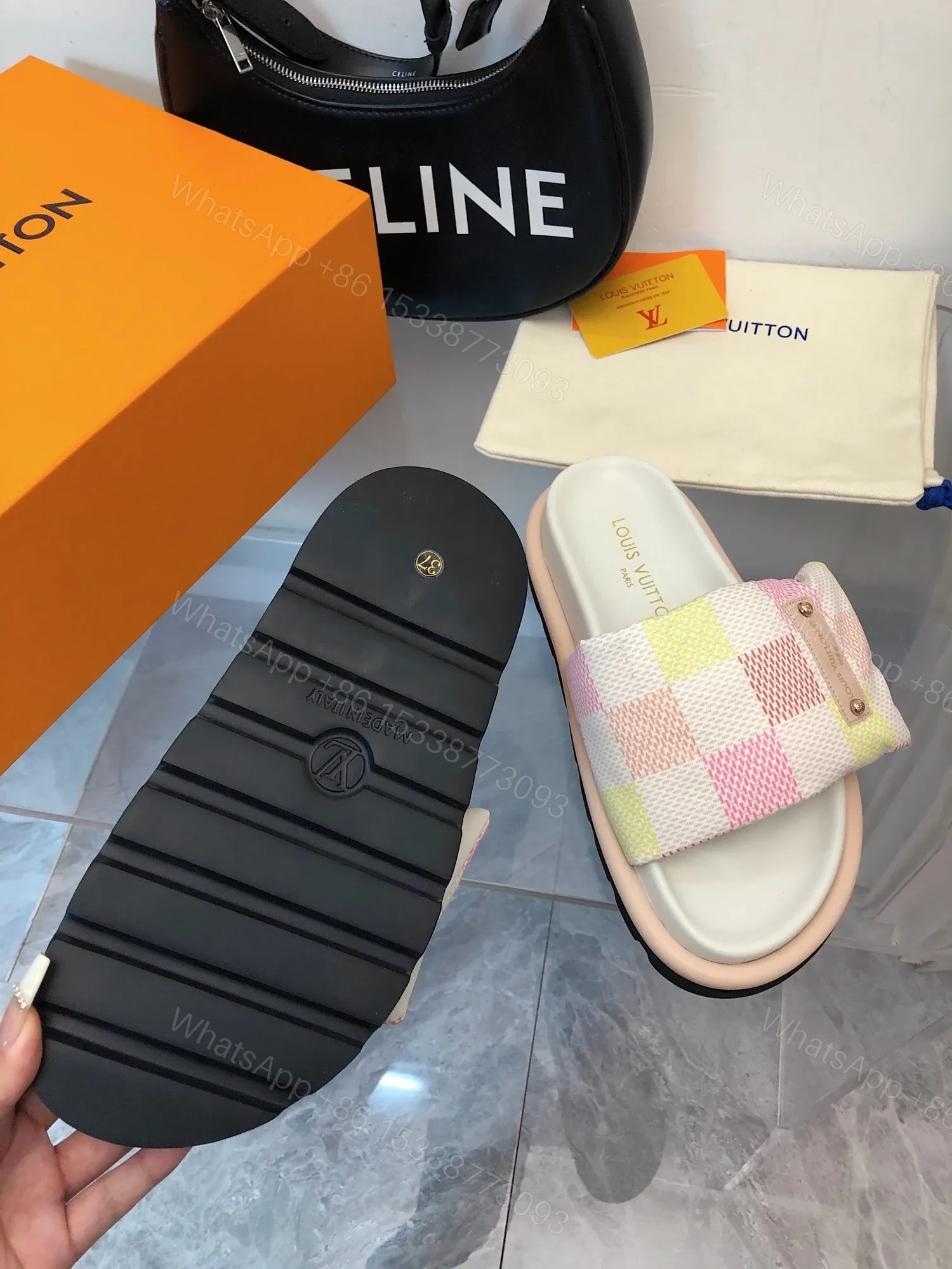 View 5 of LV Women Pastel Checkered Fabric White Slide Sandals